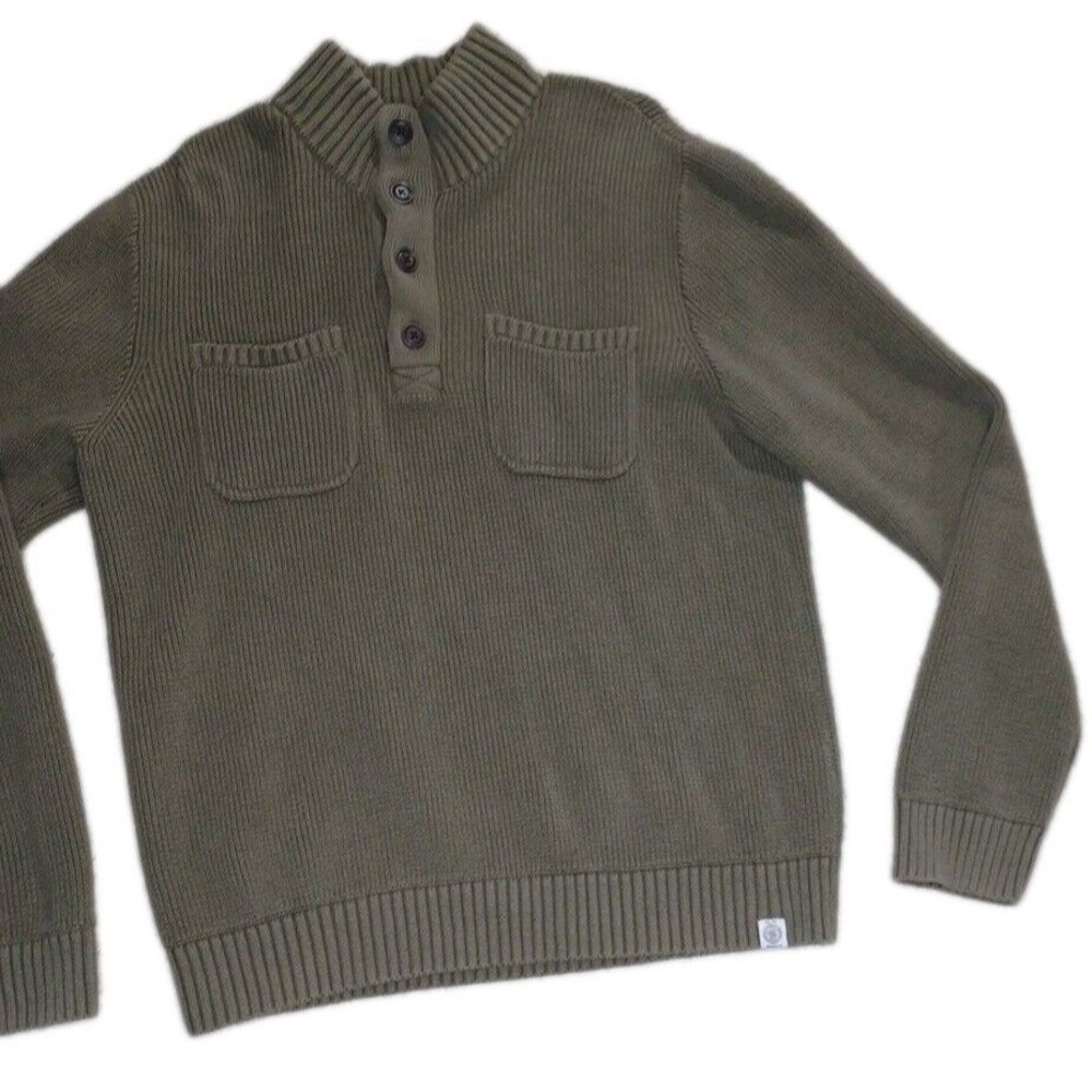 Lucky Brand Mens Large Henley Sweater Green Ribbed Knit Long Sleeve Pocket Cotto